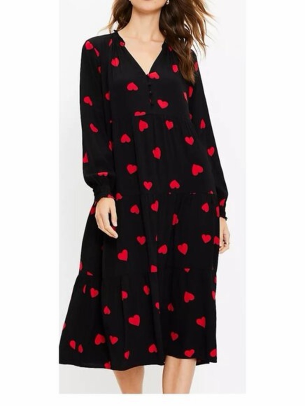 Loft Black Midi Dress with Red Heart Print - Women's V-Neck Long Sleeve